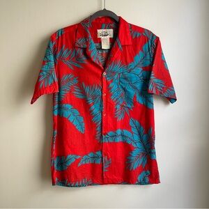 Vintage HILO HATTIE Hawaiian Shirt Short Sleeve Red Blue Tropical Palm Medium